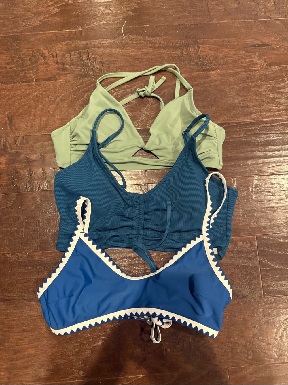 Three Women's Bikini Tops - Sage, Teal, Royal Blue